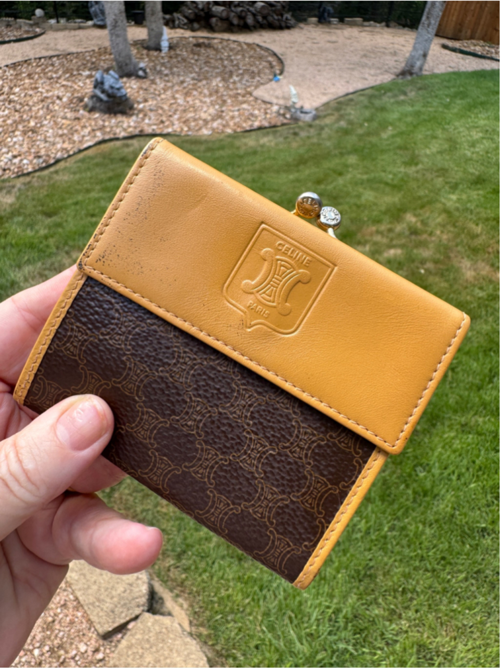 Celine Triomphe Canvas & Leather Kiss-Lock Wallet, Brown/Yellow